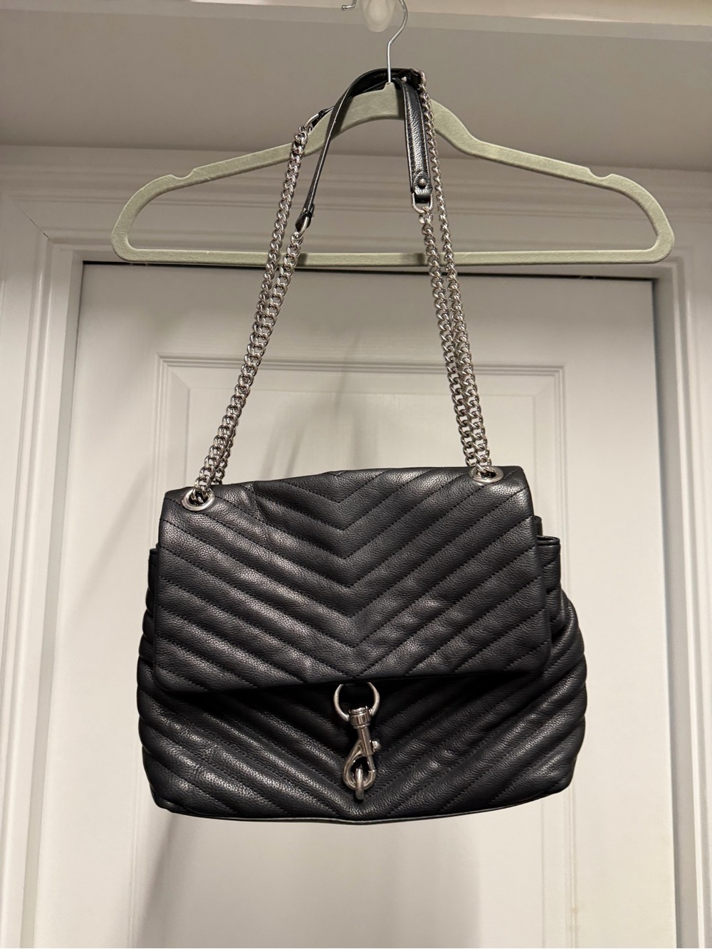 Rebecca Minkoff Black Quilted Chevron Shoulder Bag with Silver Chain